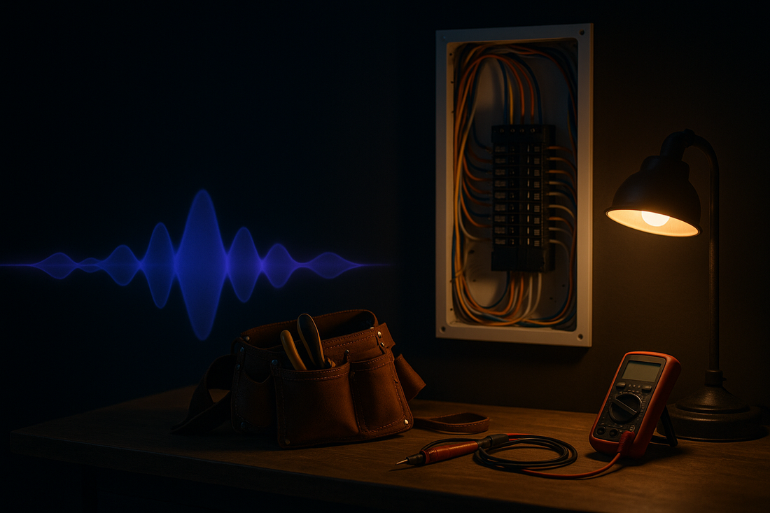 Glowing blue AI voice waveform in an electrician's workspace — BrandTalk AI answering and capturing calls 24/7