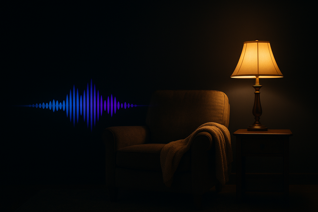 Glowing blue AI voice waveform in an in-home care setting — BrandTalk AI answering and capturing calls 24/7