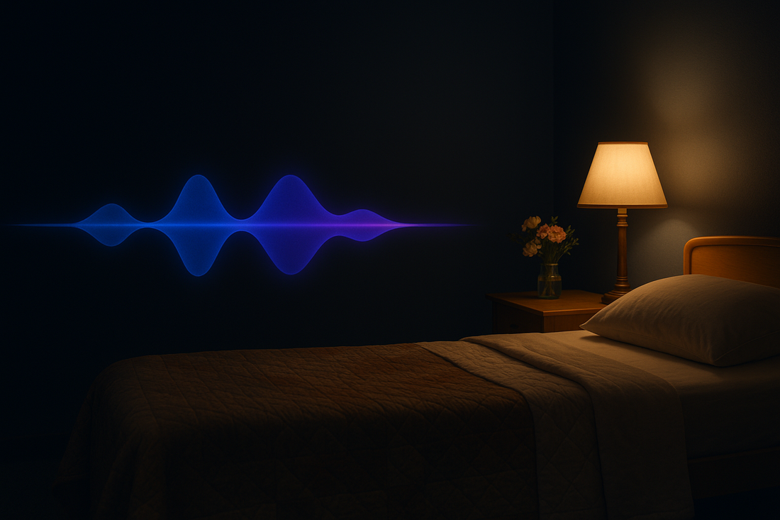 Glowing blue AI voice waveform in a hospice care room — BrandTalk AI answering and capturing calls 24/7