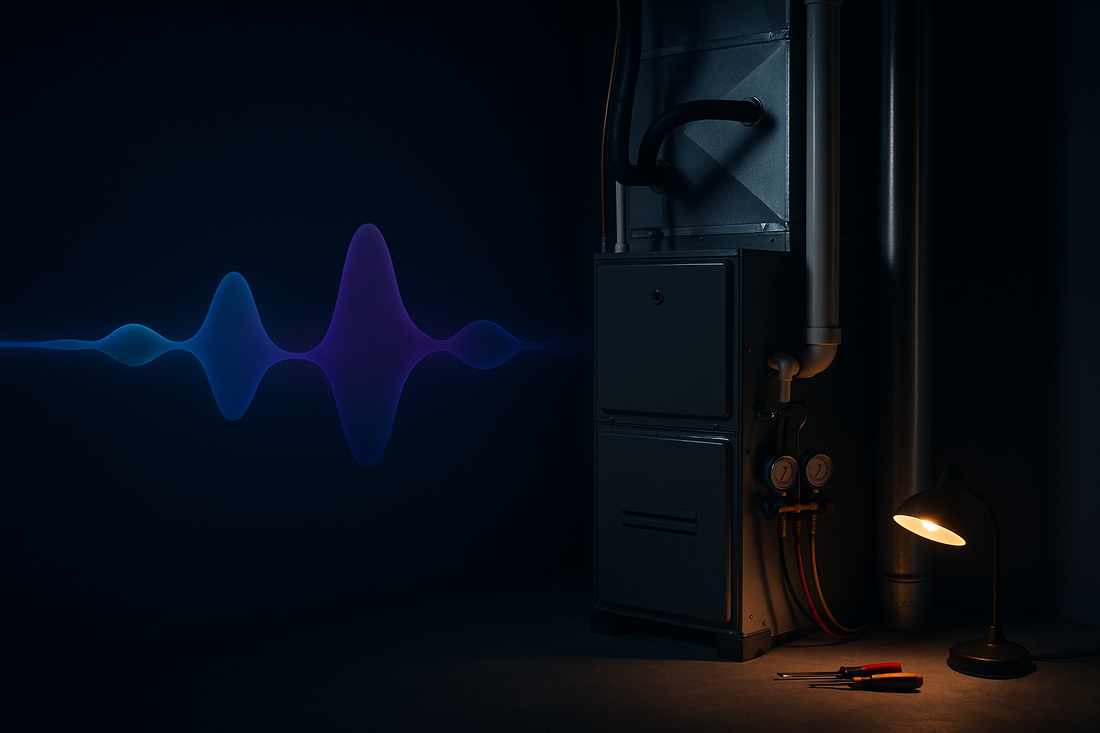 Glowing blue AI voice waveform in an HVAC utility room — BrandTalk AI answering and capturing calls 24/7