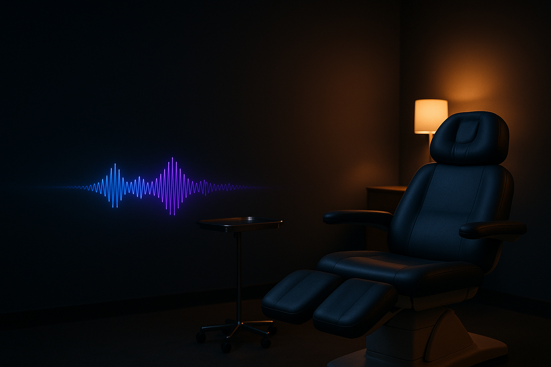 Glowing blue AI voice waveform in a podiatry exam room — BrandTalk AI answering and capturing calls 24/7