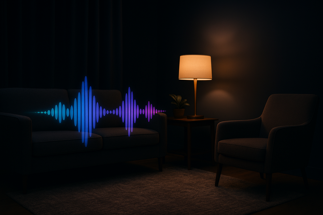 Glowing blue AI voice waveform in a counseling office — BrandTalk AI answering and capturing calls 24/7
